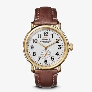 Shinola Runwell Gold Watch with White Dial and Brown Leather Strap